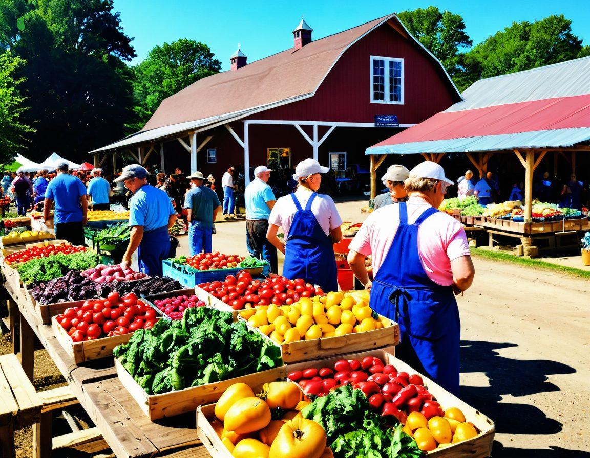 A vibrant farmer's market bustling with activity, showcasing fresh produce, colorful vegetables, and artisanal goods. In the background, a rustic farm setting with fields and a bright blue sky, symbolizing the journey from farm to dining table. A happy family preparing farm-fresh meals together at a wooden table. Capture the essence of Cooks County's culinary delights and seasonal abundance. super-realistic. vibrant colors. warm sunlight.