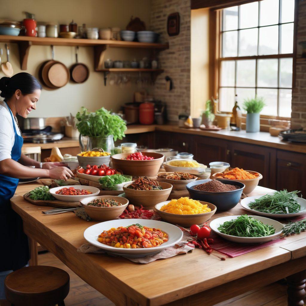 A rustic wooden kitchen table adorned with colorful local produce, spices, and freshly cooked dishes representing diverse cuisines of Cook County. In the background, friendly local chefs are prepping and tasting dishes in a warm, inviting kitchen setting. Bright natural light floods the scene, enhancing the vibrancy of the ingredients and creating a homely atmosphere. super-realistic. warm tones. vibrant colors.