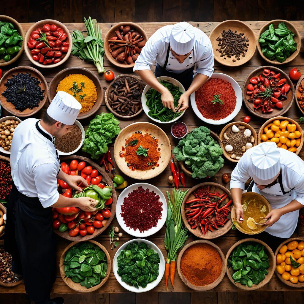A vibrant food market scene showcasing a variety of fresh produce and exotic spices, with chefs in action preparing mouthwatering dishes. Include beautifully plated signature dishes on rustic wooden tables and happy customers sampling food. Rich colors and textures should be highlighted to depict deliciousness. super-realistic. vibrant colors. 3D.